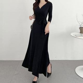 V-neck knee long skirt split dress