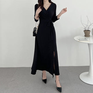 V-neck knee long skirt split dress