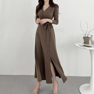 V-neck knee long skirt split dress