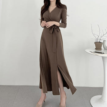 V-neck knee long skirt split dress