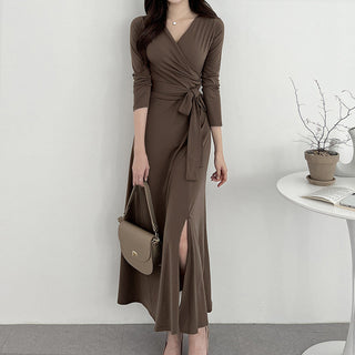 V-neck knee long skirt split dress