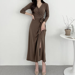 V-neck knee long skirt split dress