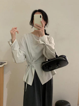 Round neck solid color waist lace top