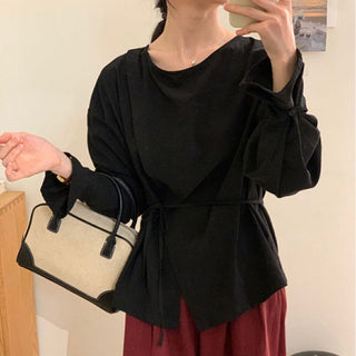 Round neck solid color waist lace top