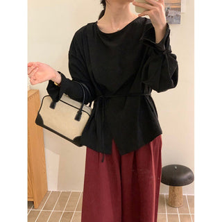 Round neck solid color waist lace top