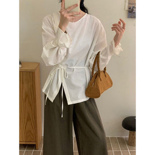 Round neck solid color waist lace top