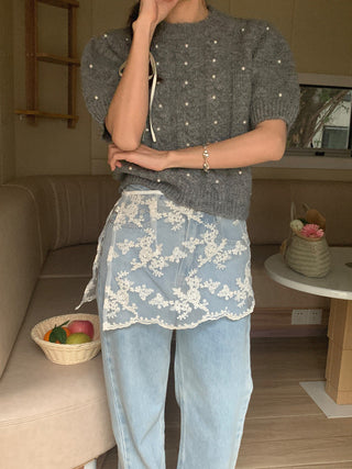 Twist beaded short-sleeved sweater