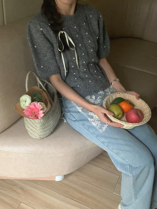 Twist beaded short-sleeved sweater