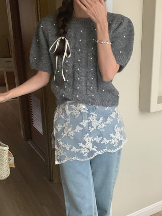 Twist beaded short-sleeved sweater