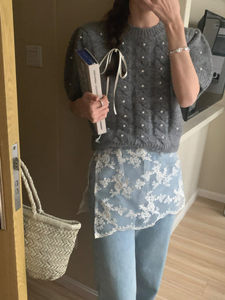 Twist beaded short-sleeved sweater