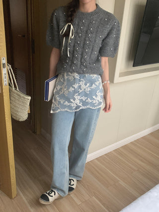 Twist beaded short-sleeved sweater