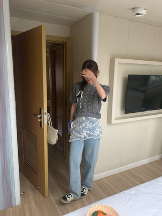 Twist beaded short-sleeved sweater