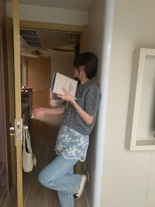 Twist beaded short-sleeved sweater