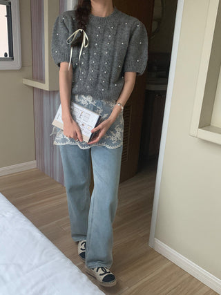 Twist beaded short-sleeved sweater