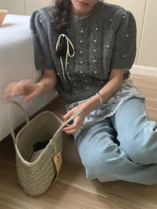 Twist beaded short-sleeved sweater