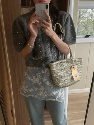 Twist beaded short-sleeved sweater