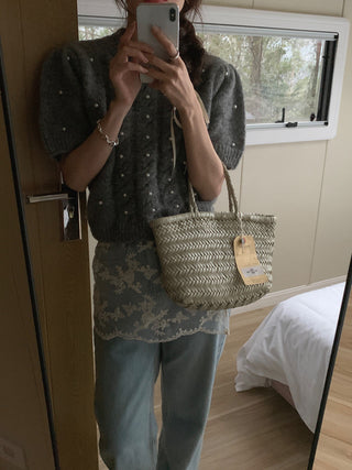 Twist beaded short-sleeved sweater