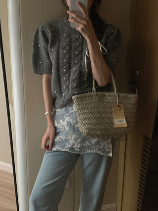 Twist beaded short-sleeved sweater