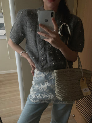 Twist beaded short-sleeved sweater