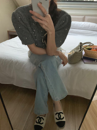 Twist beaded short-sleeved sweater