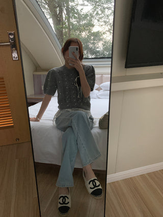 Twist beaded short-sleeved sweater