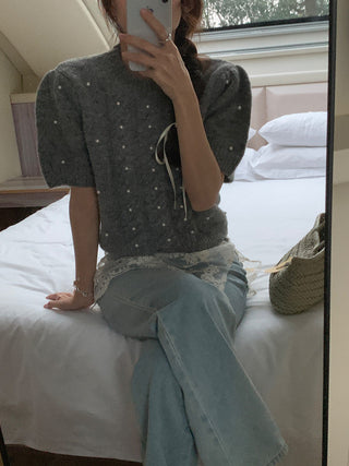 Twist beaded short-sleeved sweater