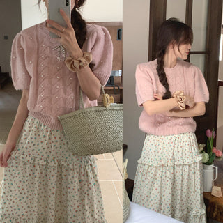 Twist beaded short-sleeved sweater