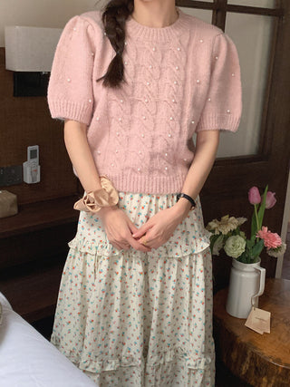 Twist beaded short-sleeved sweater