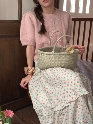 Twist beaded short-sleeved sweater