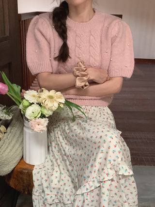 Twist beaded short-sleeved sweater