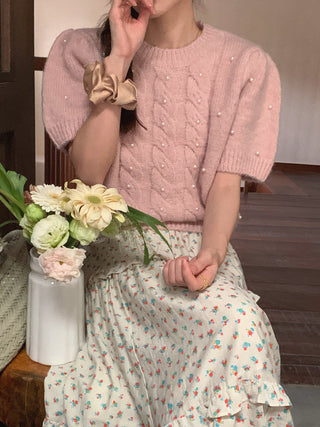 Twist beaded short-sleeved sweater