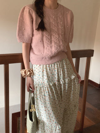 Twist beaded short-sleeved sweater