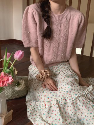 Twist beaded short-sleeved sweater