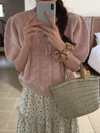 Twist beaded short-sleeved sweater