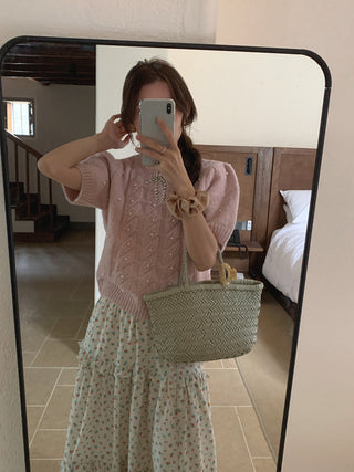 Twist beaded short-sleeved sweater