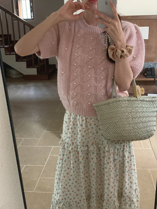 Twist beaded short-sleeved sweater