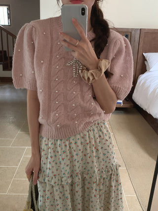 Twist beaded short-sleeved sweater