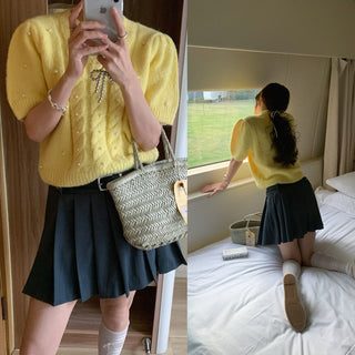 Twist beaded short-sleeved sweater