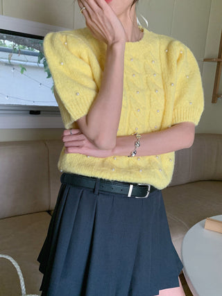 Twist beaded short-sleeved sweater