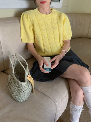 Twist beaded short-sleeved sweater