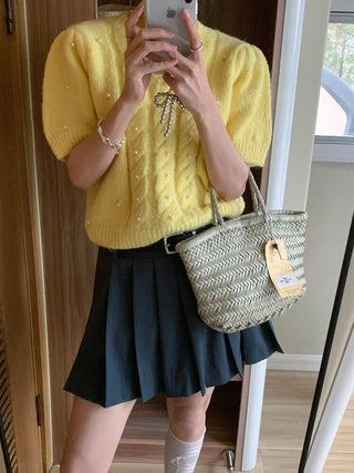 Twist beaded short-sleeved sweater