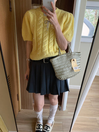 Twist beaded short-sleeved sweater