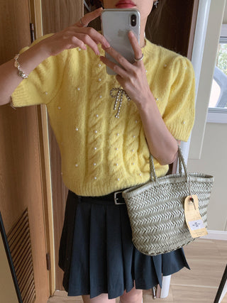 Twist beaded short-sleeved sweater