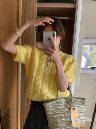 Twist beaded short-sleeved sweater