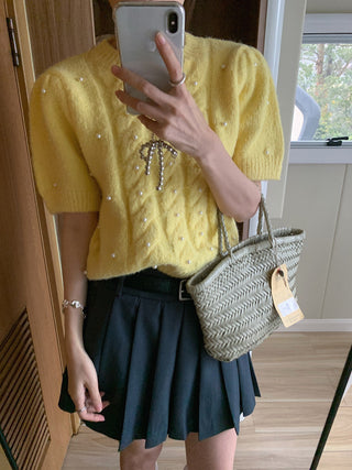 Twist beaded short-sleeved sweater