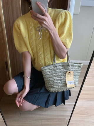 Twist beaded short-sleeved sweater