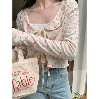 Lace lapel crop long-sleeved top