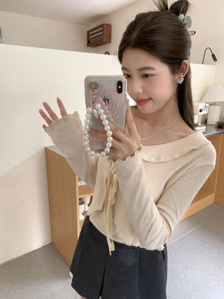 Lace lapel crop long-sleeved top