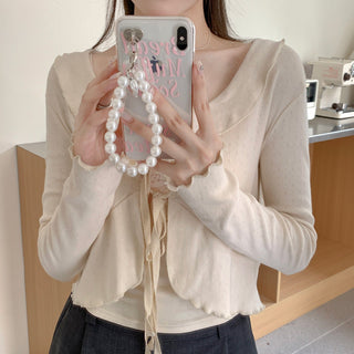 Lace lapel crop long-sleeved top