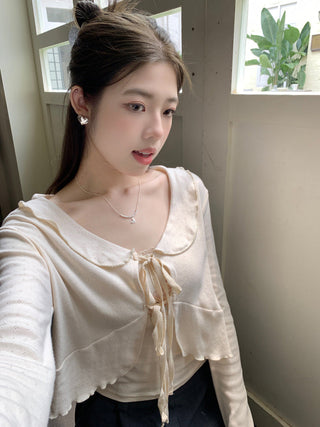 Lace lapel crop long-sleeved top